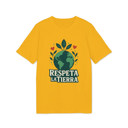 Alt Tag: Respeta la Tierra Sustainable Unisex Tee camiseta unisex amarilla con gráfico de planeta y hojas, texto “Respeta la Tierra”