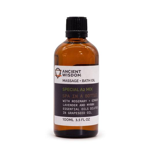Alt Tag: Revitalizing A2 Blend Massage Oil – 100ML, massage- och badolja från Ancient Wisdom med rosmarin, lavendel, myrra och ingefära i druvkärnolja