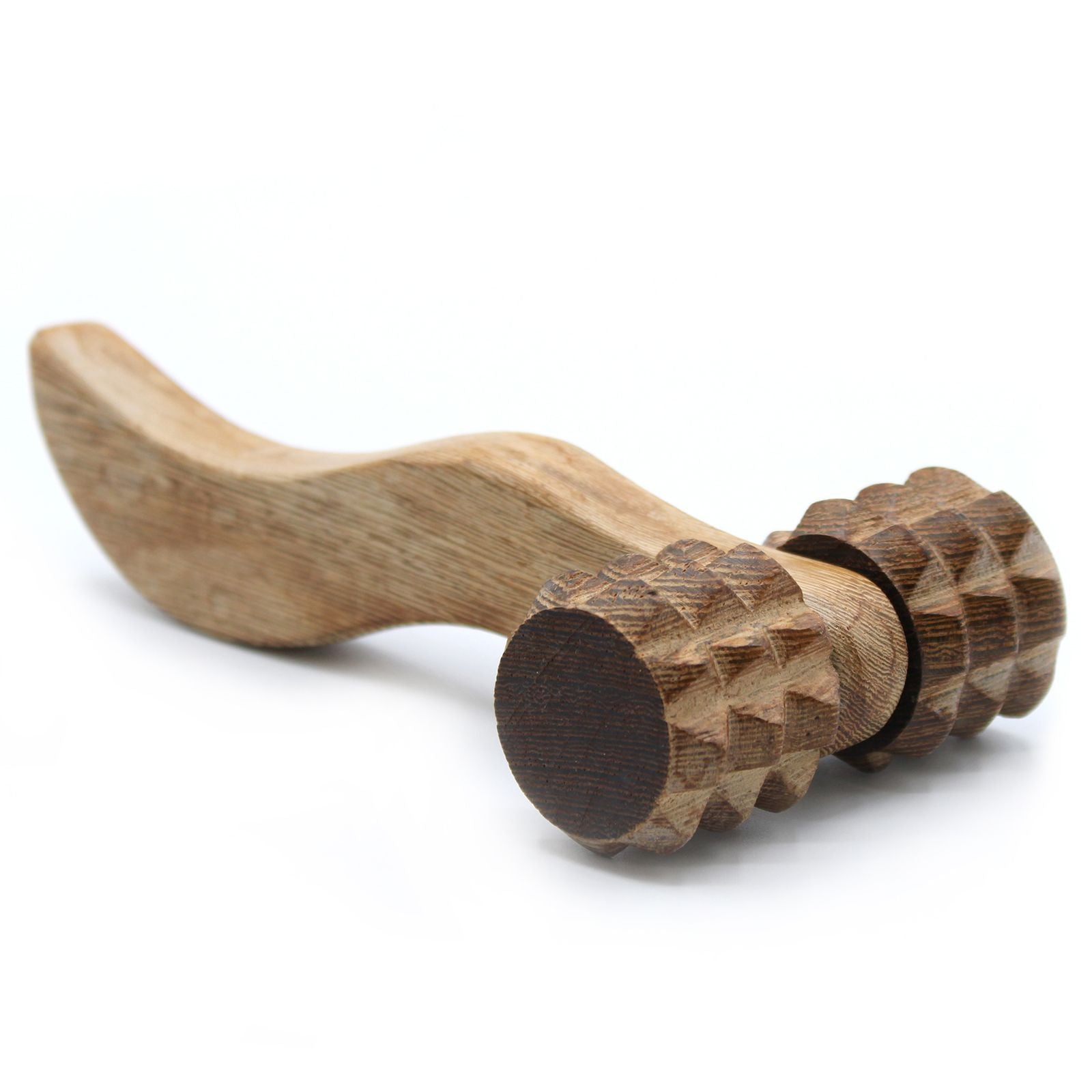 Alt Tag: Massage Tool – Ribbed Hand Roller handcrafted wooden ergonomic ribbed roller for self-massage on back, shoulders, arms, and legs