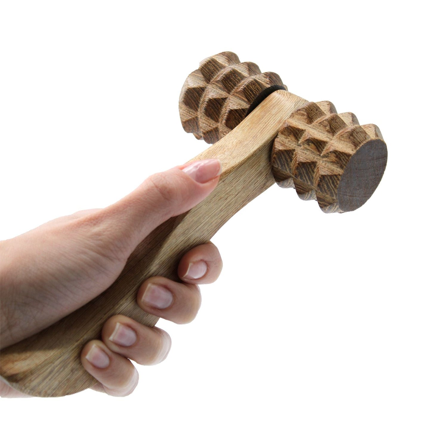 Alt Tag: Massage Tool – Ribbed Hand Roller de madera sostenible con rodillos estriados, herramienta ergonómica para automasaje en casa