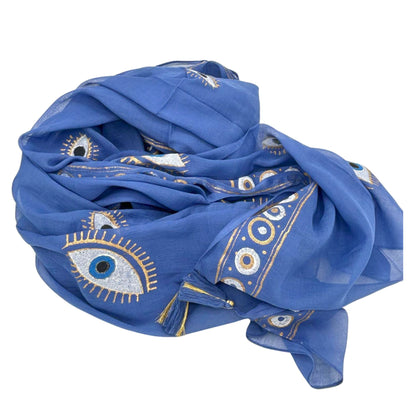 Alt Tag: Rich Blue & Gold Pure Cotton Sari – 180x110 CM, deep blue fabric with gold hand-painted eye motifs, folded display