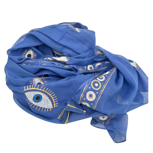 Alt Tag: Rich Blue & Gold Pure Cotton Sari – 180x110 CM, deep blue fabric with gold hand-painted eye motifs, folded display