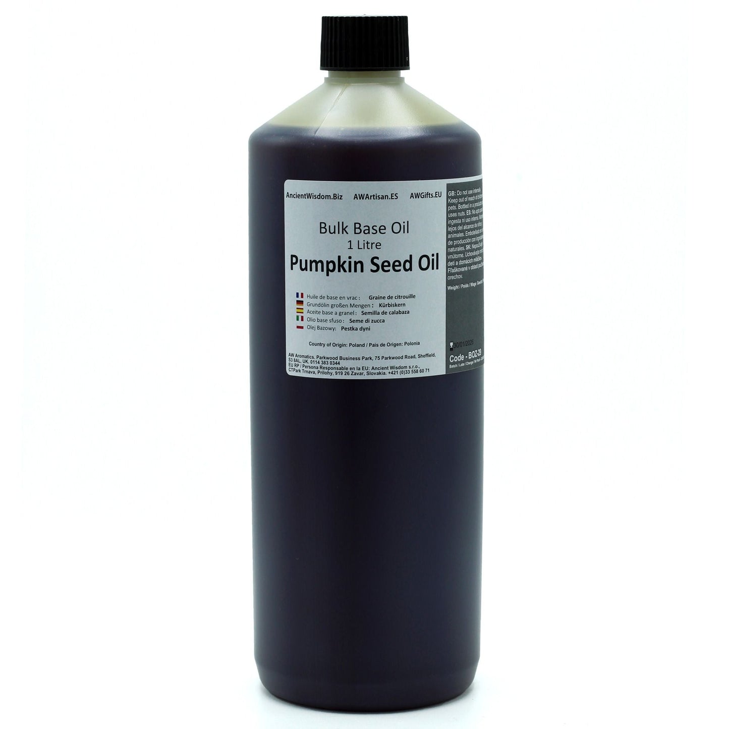 Alt Tag: Rich Pumpkin Seed Oil – 1 Litre, botella de aceite de semilla de calabaza 1 litro con etiqueta Pumpkin Seed Oil sobre fondo blanco