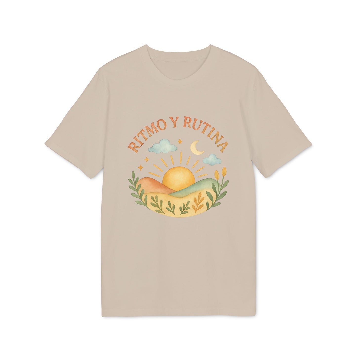 Alt Tag: Ritmo Rutina Organica Premium Unisex T-Shirt beige con gráfico “Ritmo y Rutina” de sol naciente, nubes y paisaje