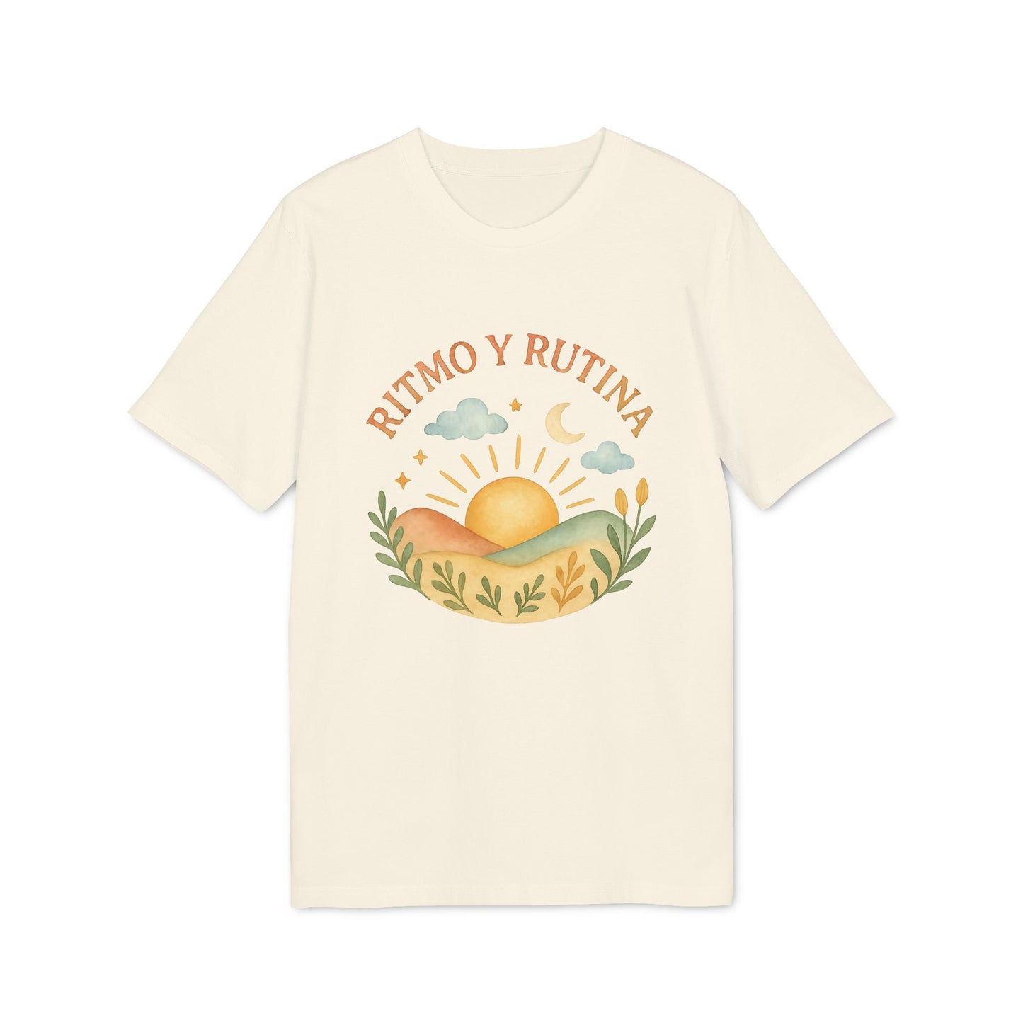Ritmo Rutina Organica Premium Unisex T-Shirt color crema con diseño de amanecer, montañas, nubes y texto “RITMO Y RUTINA”