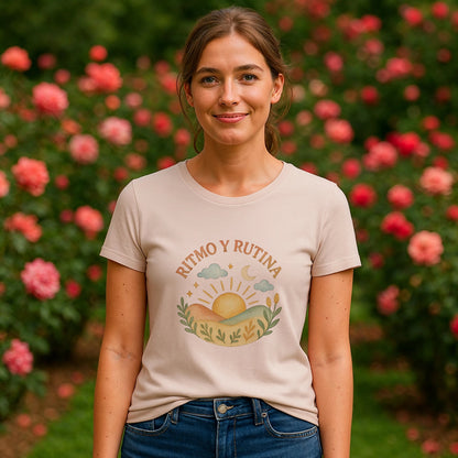 Alt Tag: Ritmo Rutina Organica Premium Unisex T-Shirt beige con gráfico “Ritmo y Rutina” de sol y hojas, modelo en jardín con flores