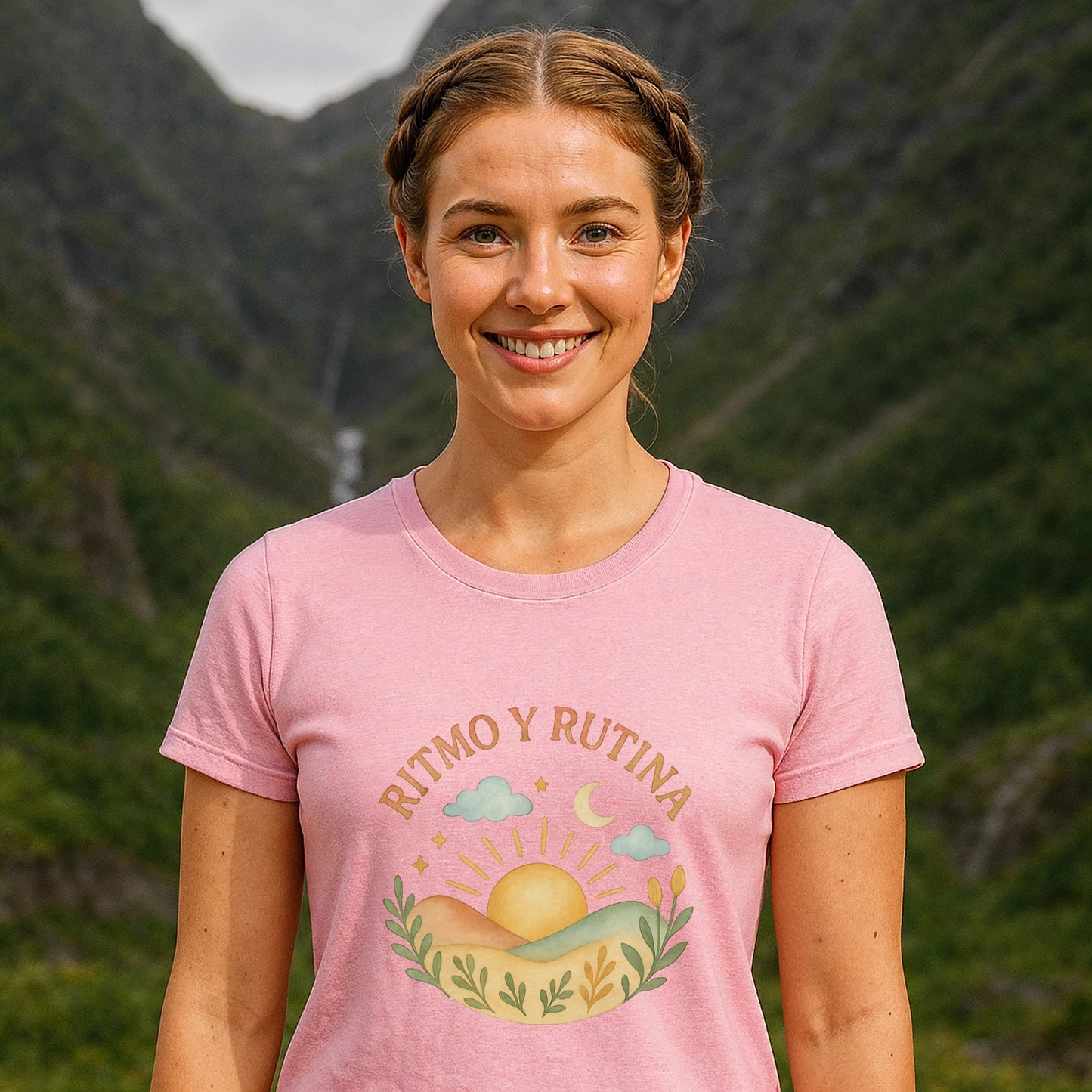 Alt Tag: Ritmo Rutina Organica Premium Unisex T-Shirt rosa con diseño "Ritmo y Rutina", modelo sonriendo en paisaje de montaña
