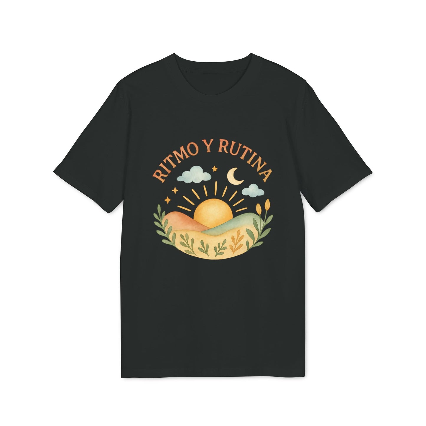 Alt Tag: Ritmo Rutina Organica Premium Unisex T-Shirt camiseta unisex negra con diseño de sol, luna, nubes y texto “RITMO Y RUTINA”