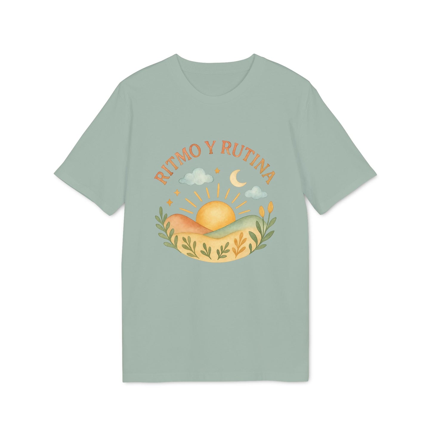 Ritmo Rutina Organica Premium Unisex T-Shirt en color verde salvia con gráfico “Ritmo y Rutina” de sol, luna, nubes y paisaje