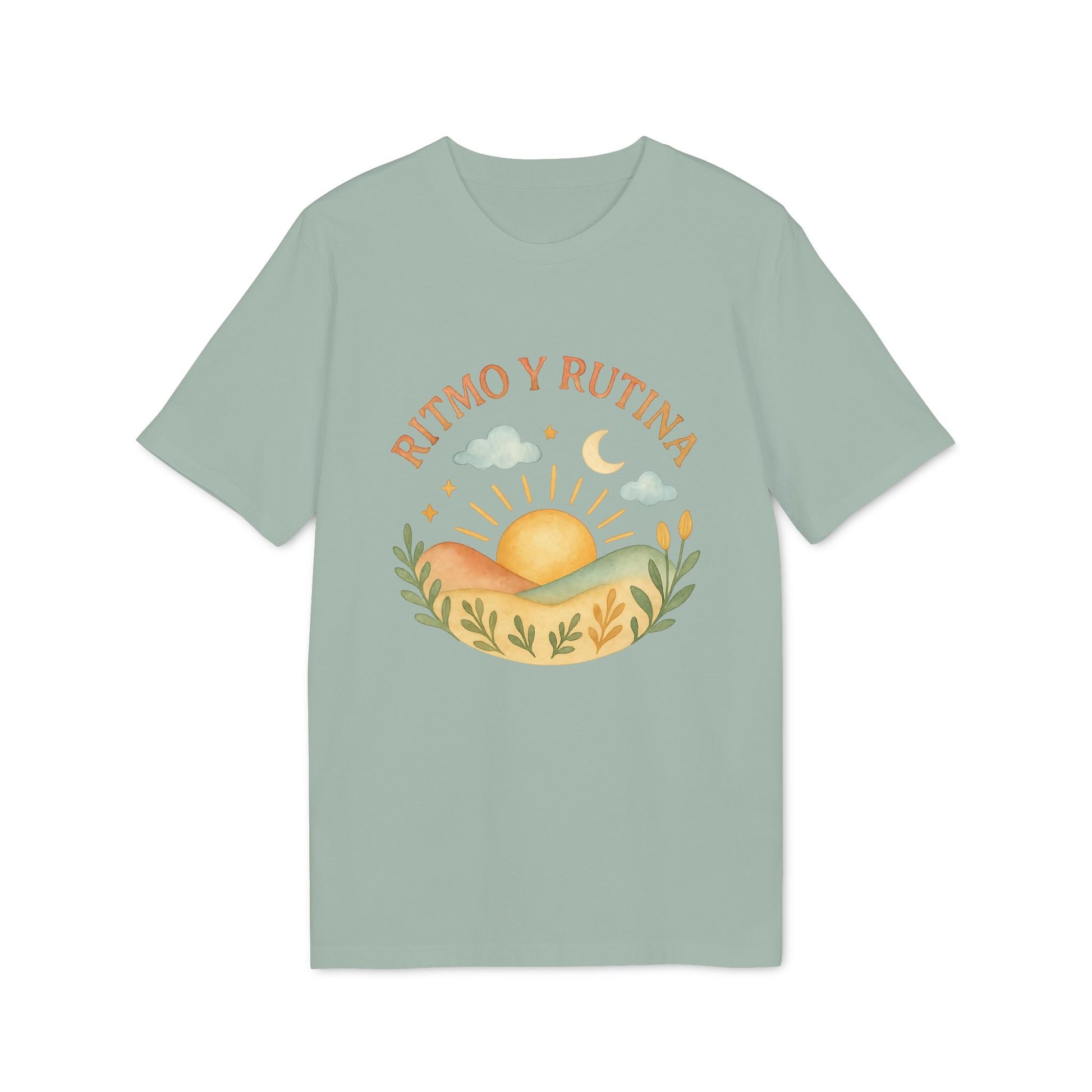 Ritmo Rutina Organica Premium Unisex T-Shirt en color verde salvia con gráfico “Ritmo y Rutina” de sol, luna, nubes y paisaje