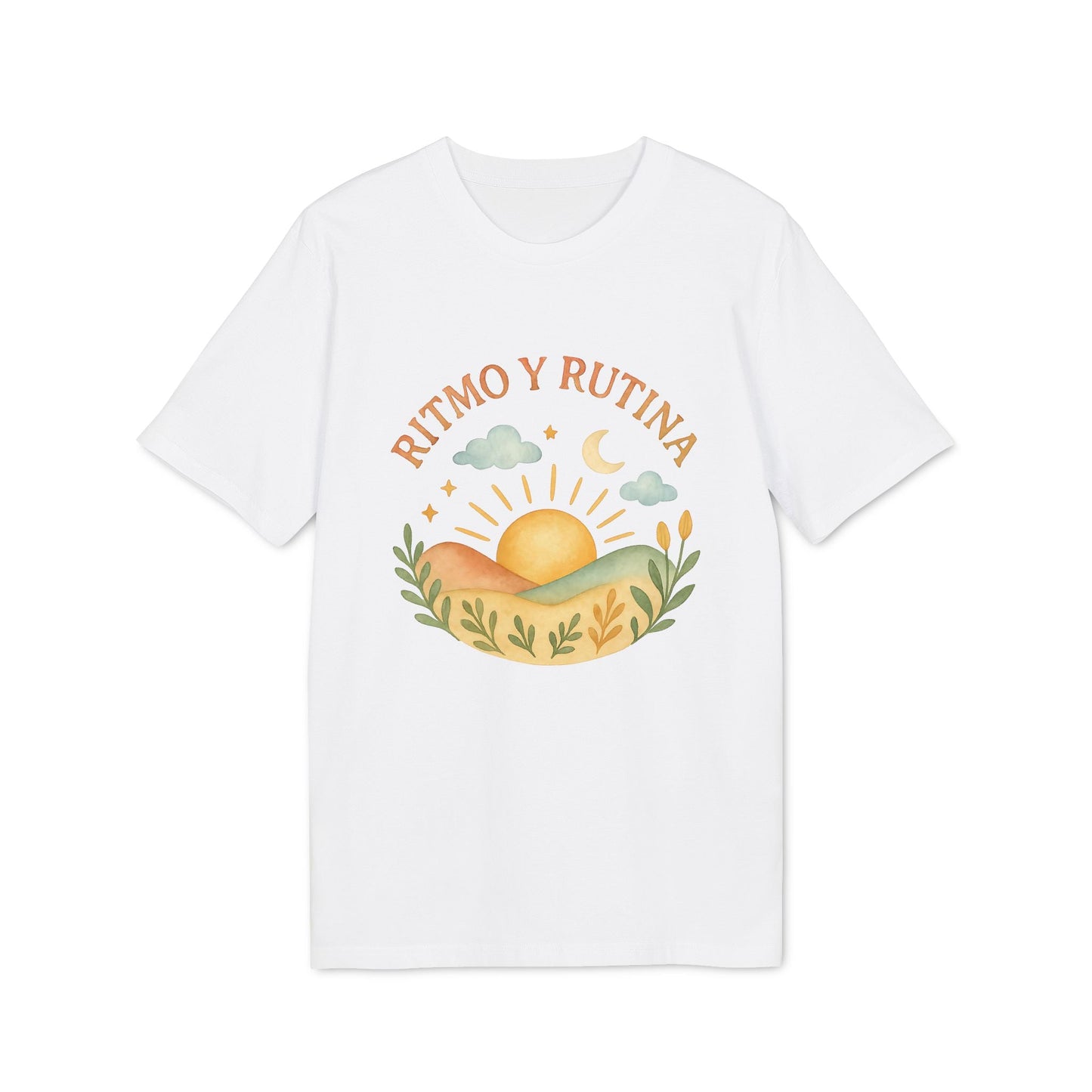Alt Tag: Ritmo Rutina Organica Premium Unisex T-Shirt blanca con ilustración de amanecer, nubes y plantas y texto “RITMO Y RUTINA”