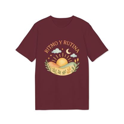 Ritmo Rutina Organica Premium Unisex T-Shirt camiseta unisex burdeos con diseño "Ritmo y Rutina" de sol, luna, nubes y paisaje
