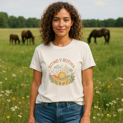 Ritmo Rutina Organica Premium Unisex T-Shirt en modelo unisex con gráfico de sol “Ritmo y Rutina”, en pradera con caballos