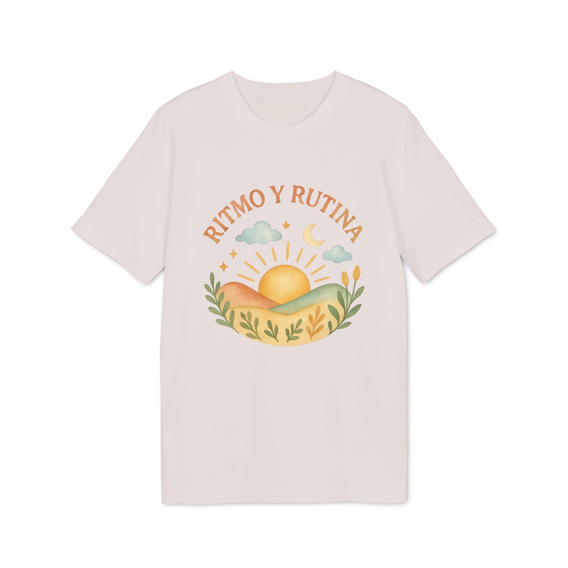 Alt Tag: Ritmo Rutina Organica Premium Unisex T-Shirt camiseta unisex de algodón orgánico color crema con gráfico de amanecer y texto "RITMO Y RUTINA"