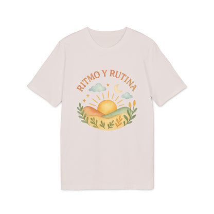 Alt Tag: Ritmo Rutina Organica Premium Unisex T-Shirt camiseta unisex de algodón orgánico color crema con gráfico de amanecer y texto "RITMO Y RUTINA"