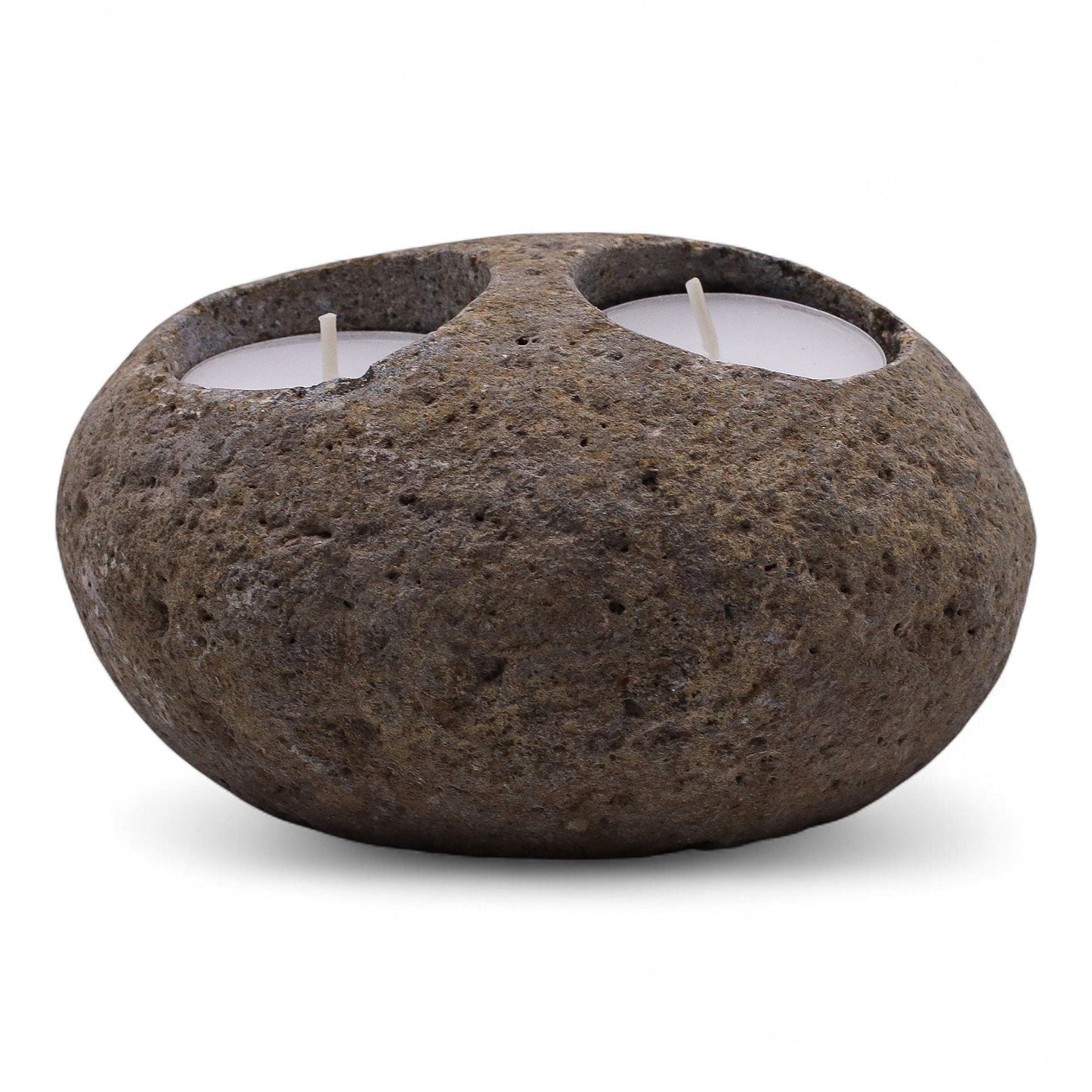 Riverstone-Kerzenhalter – doppelte Nightlight, handgefertigter indonesischer Riverstone-Teelichthalter mit zwei Kerzenmulden, natürlicher Steintstruktur