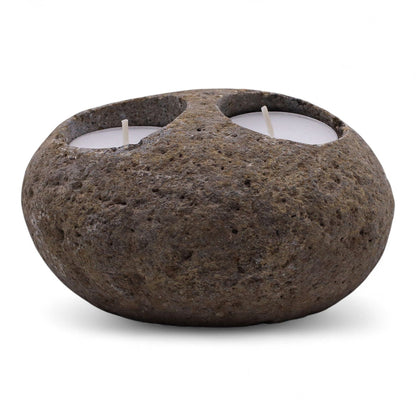 Riverstone-Kerzenhalter – doppelte Nightlight, handgefertigter indonesischer Riverstone-Teelichthalter mit zwei Kerzenmulden, natürlicher Steintstruktur