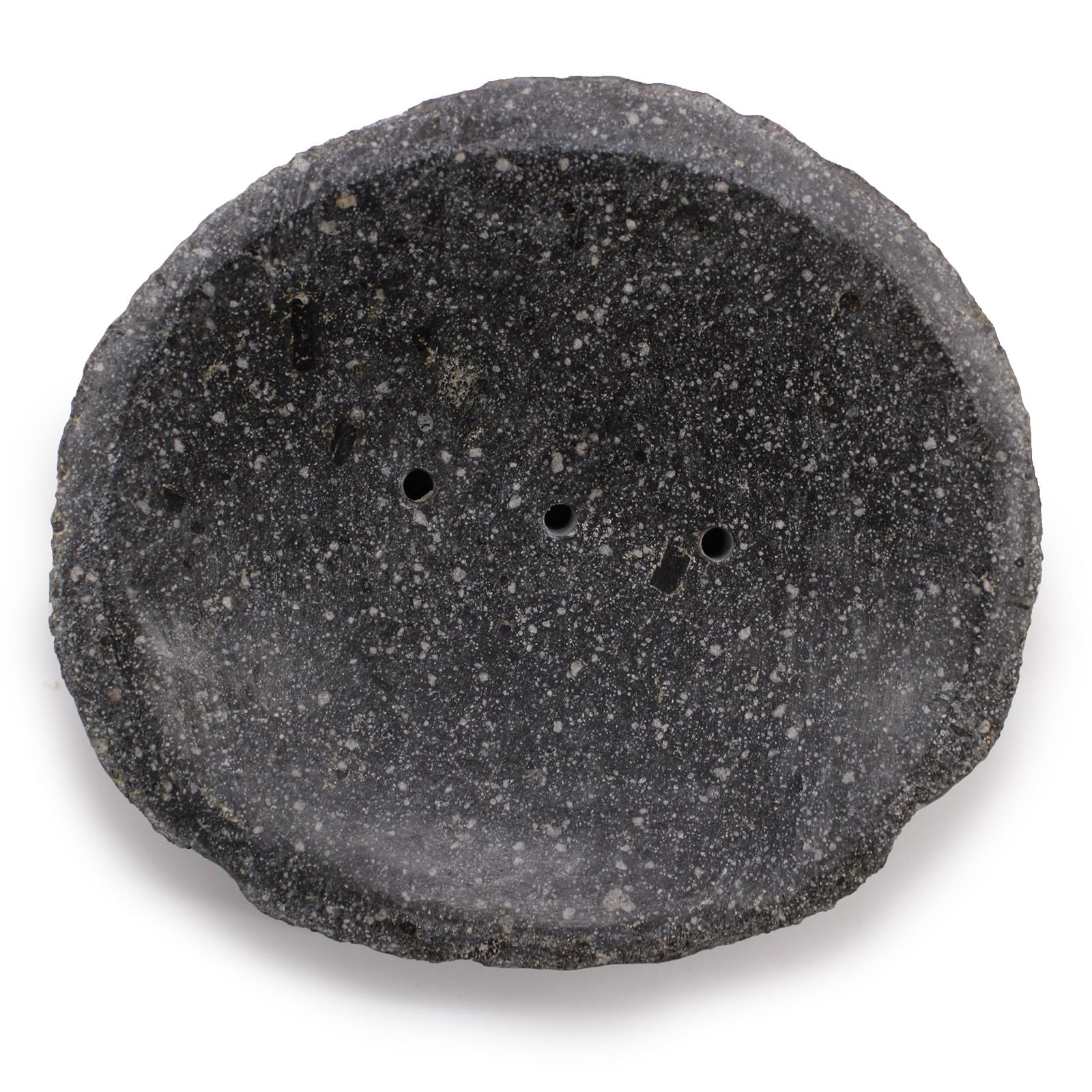 Riverstone Soap Dish – 13x12 CM de piedra de río natural, color gris oscuro, con orificios de drenaje, vista superior
