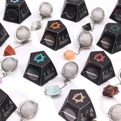 Alt Tag: Rock Quartz Crystal Tea Strainer – 7.5x5 CM stainless steel mesh tea infuser with crystal detail, displayed with packaging