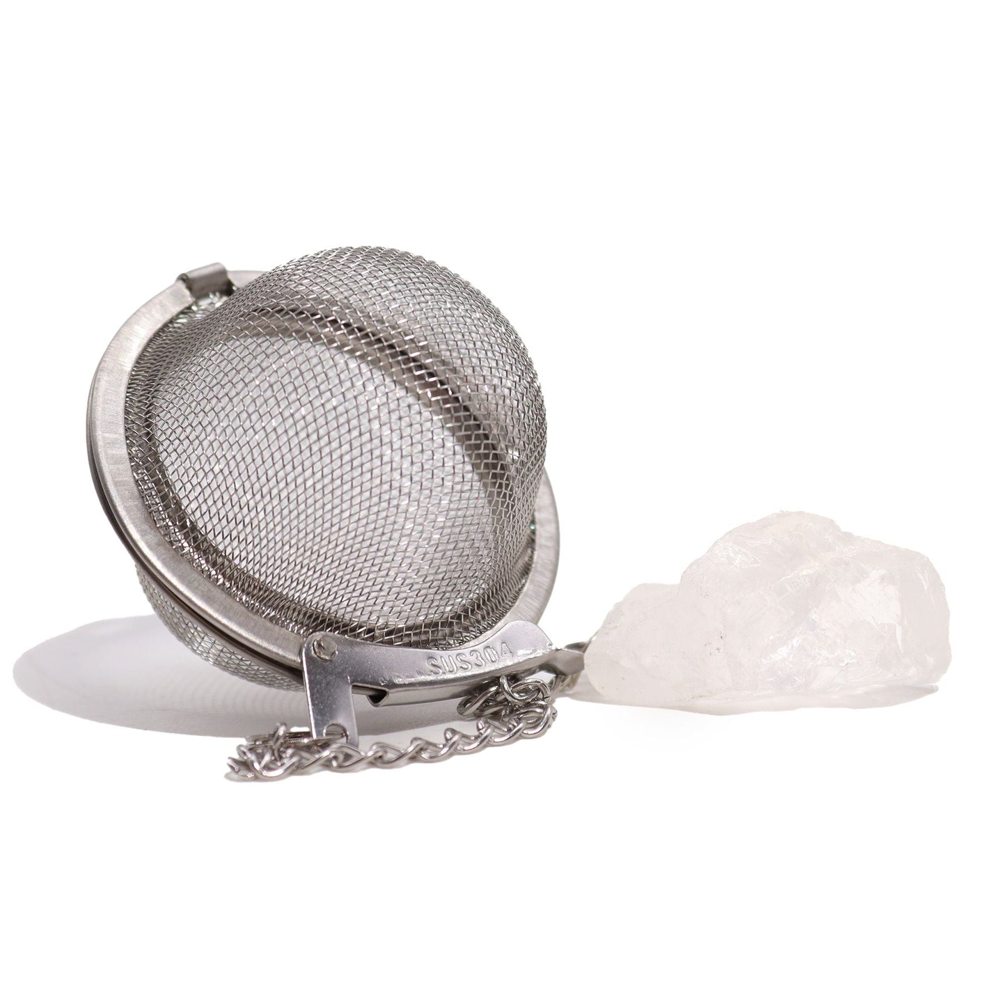 Alt Tag: Rock Quartz Crystal Tea Strainer – 7.5x5 CM stainless steel mesh tea infuser ball with chain and natural rock quartz crystal