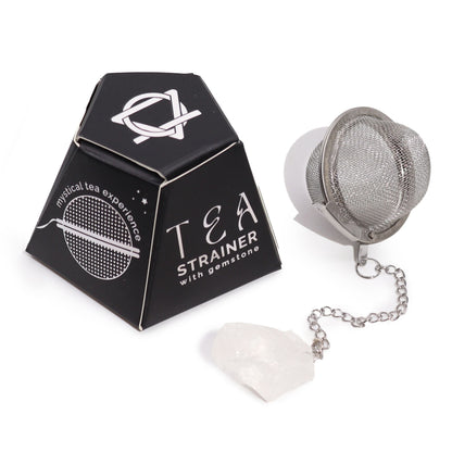 Rock Quartz Crystal Tea Strainer – 7.5x5 CM stainless steel mesh tea infuser with chain and rock quartz crystal charm, with box