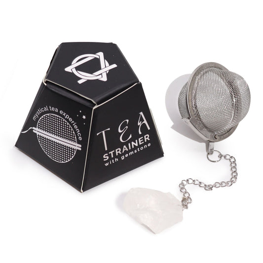 Rock Quartz Crystal Tea Strainer – 7.5x5 CM stainless steel mesh tea infuser with chain and rock quartz crystal charm, with box