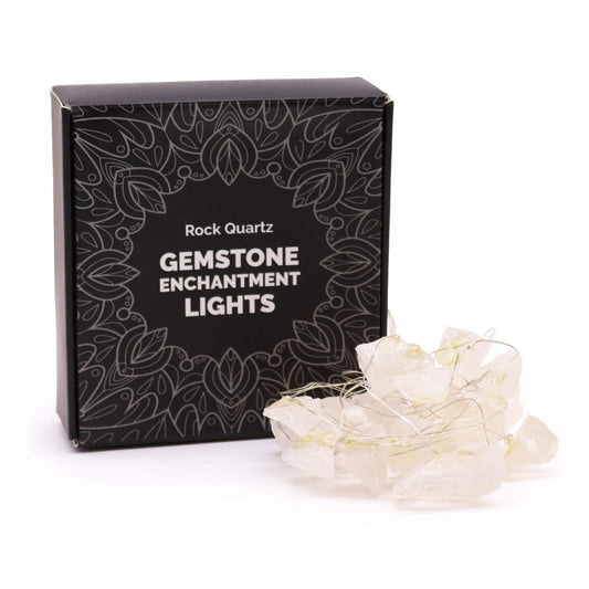 Rock Quartz Gemstone Enchantment Lights – Decorative String box with clear rock quartz crystal string lights on white background
