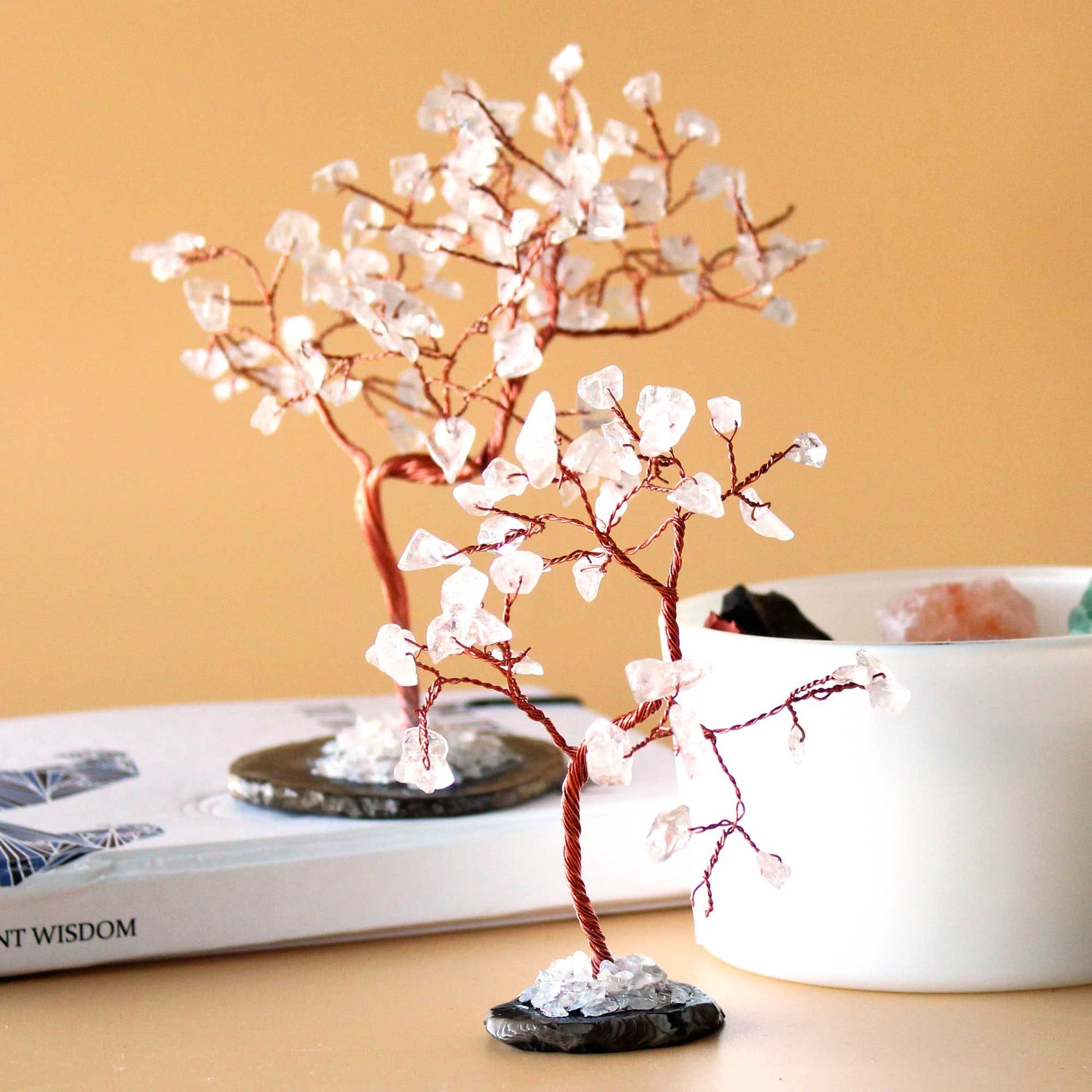 Alt Tag: Rock Quartz Gemstone Tree – 35 Stones on Agate Base, handcrafted gemstone wire tree with clear quartz chips on black agate base