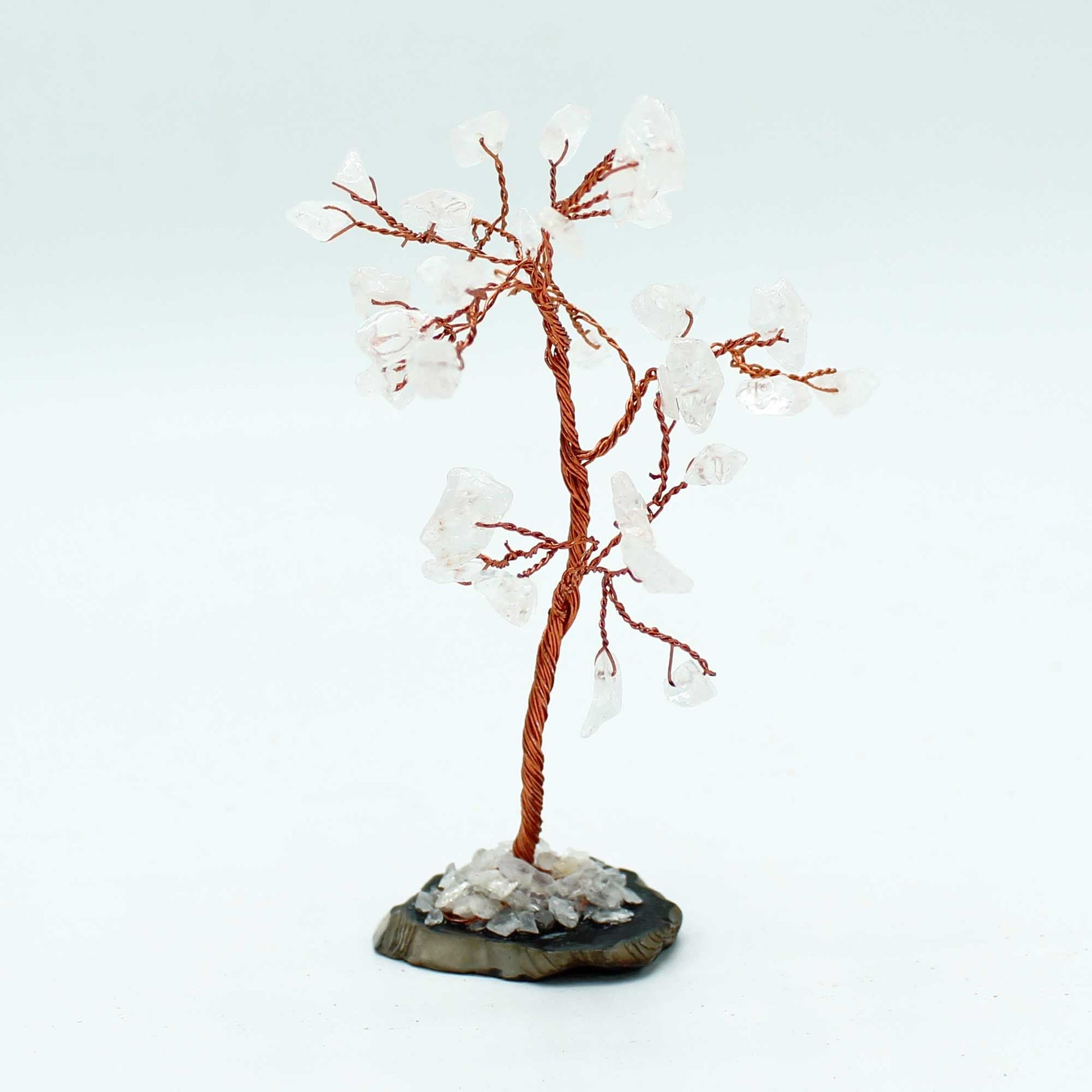Alt Tag: Rock Quartz Gemstone Tree – 35 Stones on Agate Base, handcrafted wire bonsai with clear quartz chips on black agate base