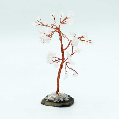 Alt Tag: Rock Quartz Gemstone Tree – 35 Stones on Agate Base, handcrafted wire bonsai with clear quartz chips on black agate base