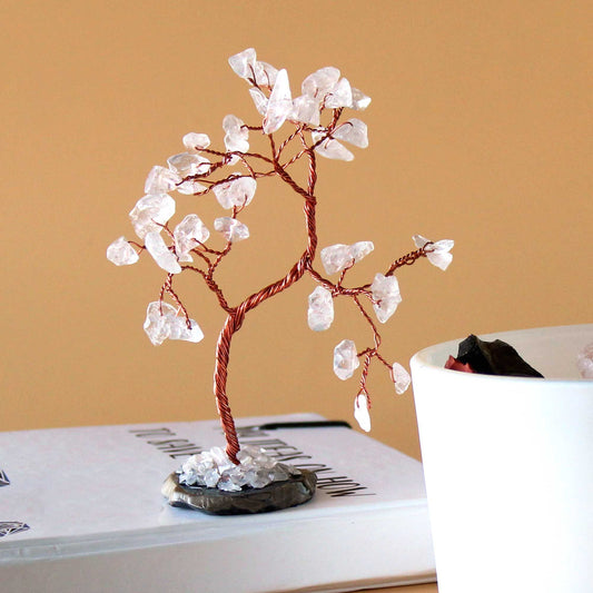 Rock Quartz Gemstone Tree – 35 Stones on Agate Base, handcrafted wire crystal tree decor with rock quartz stones on black agate base