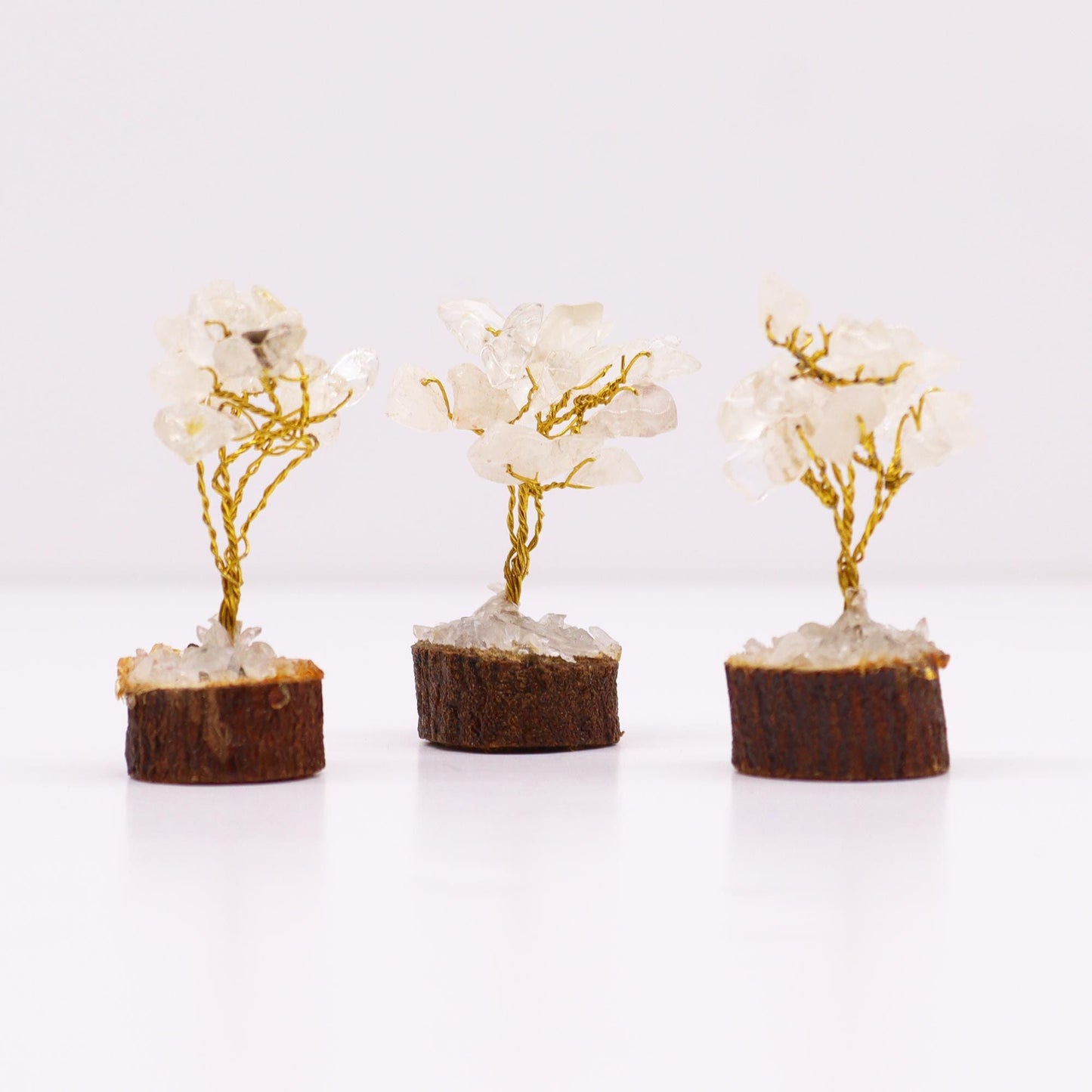 Rock Quartz Gemstone Tree – 6CM mini crystal tree decor with clear quartz chips, gold wire branches, on wooden base