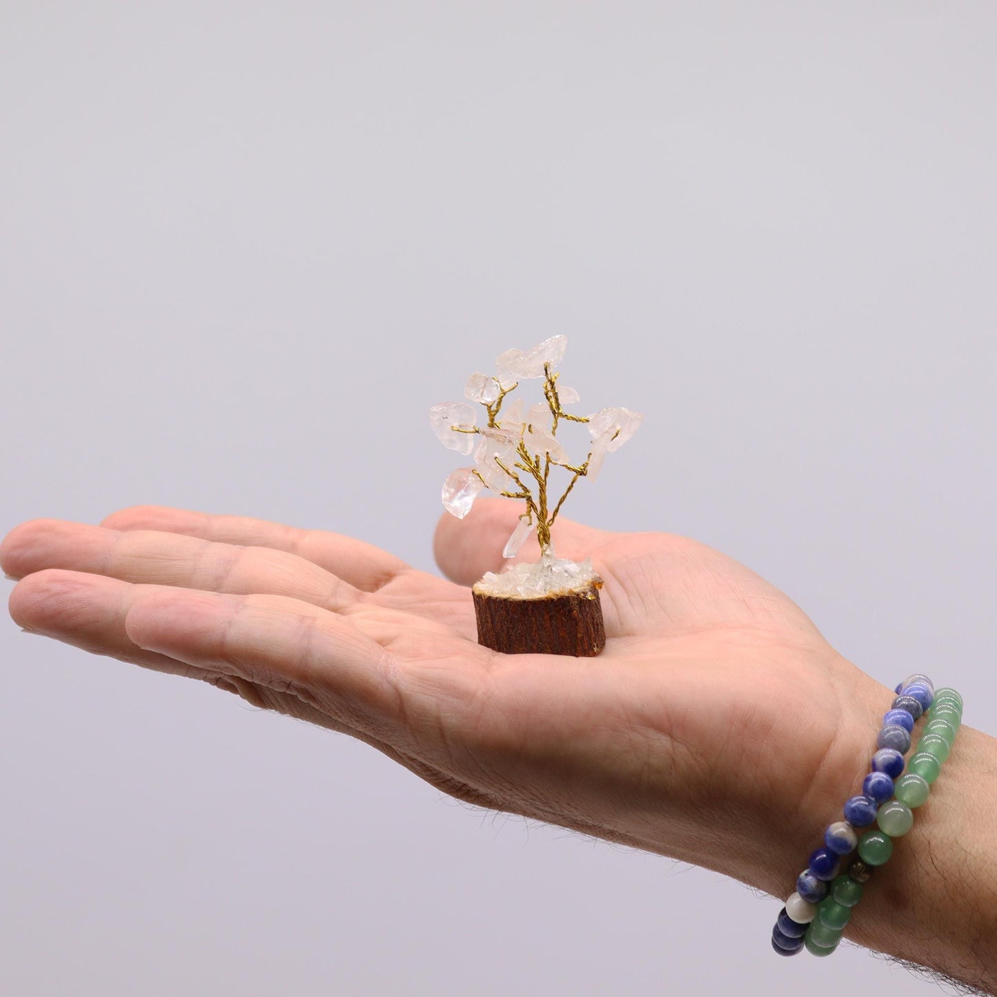 Alt Tag: Rock Quartz Gemstone Tree – 6CM mini crystal tree with clear quartz stones on wooden base displayed on hand