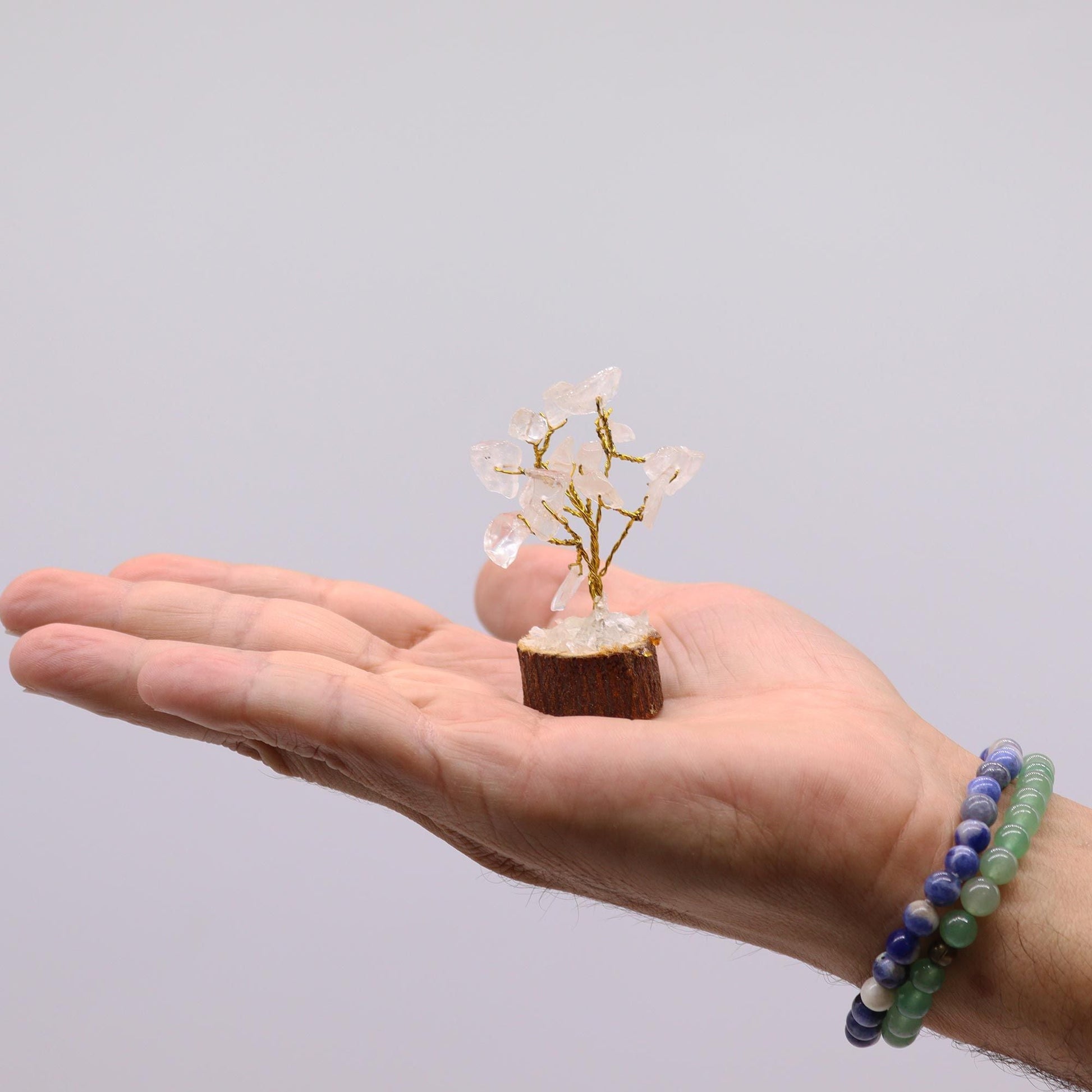 Alt Tag: Rock Quartz Gemstone Tree – 6CM mini crystal tree with clear quartz stones on wooden base displayed on hand