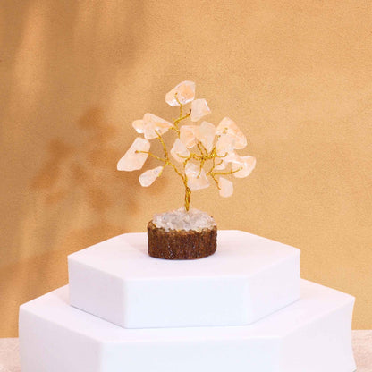 Rock Quartz Gemstone Tree – 6CM miniature crystal tree with clear quartz chips on wooden base, tabletop decor on white pedestal