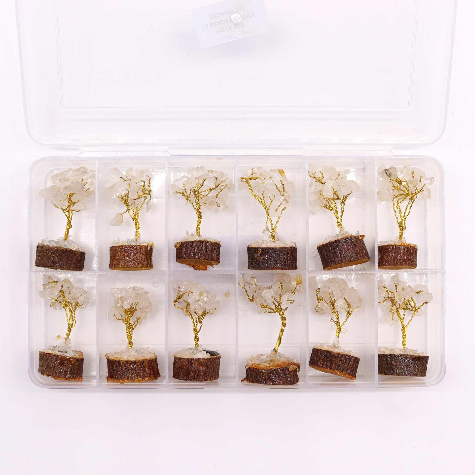 Rock Quartz Gemstone Tree – 6CM mini crystal tree set with rock quartz chips on wooden bases in clear storage box