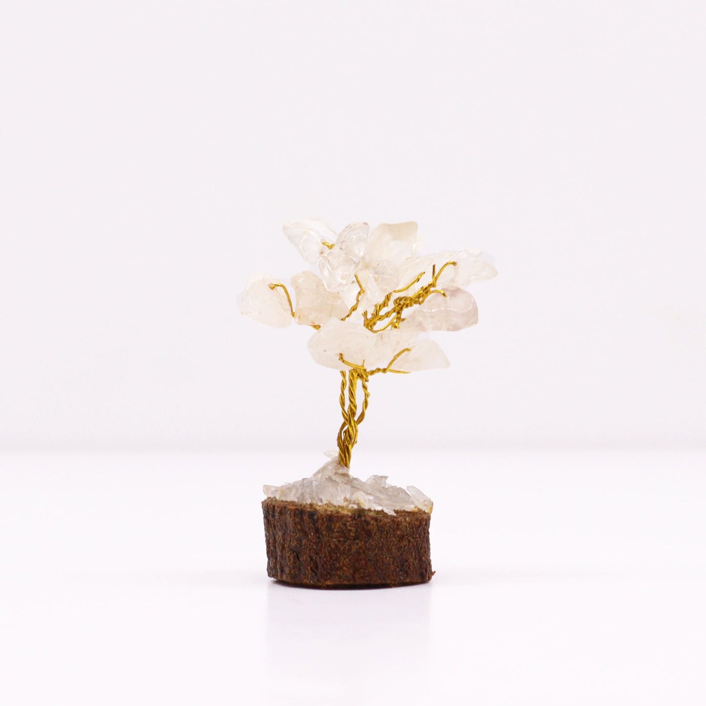 Alt Tag: Rock Quartz Gemstone Tree – 6CM mini crystal gemstone tree with clear quartz chips, gold wire branches, on wooden base
