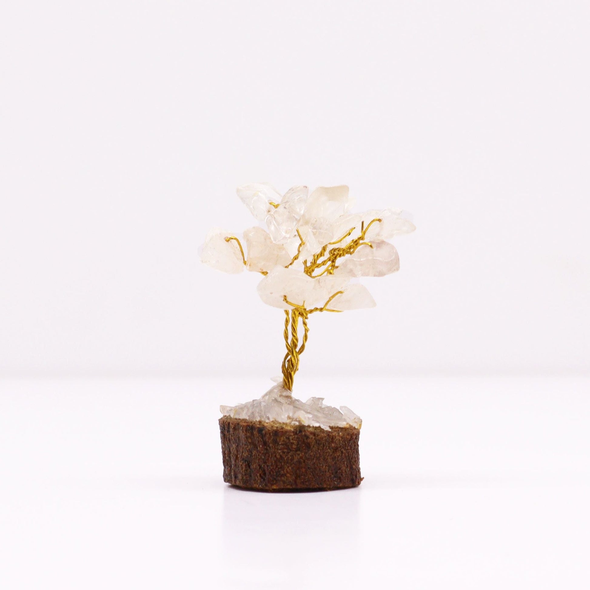 Alt Tag: Rock Quartz Gemstone Tree – 6CM mini crystal gemstone tree with clear quartz chips, gold wire branches, on wooden base