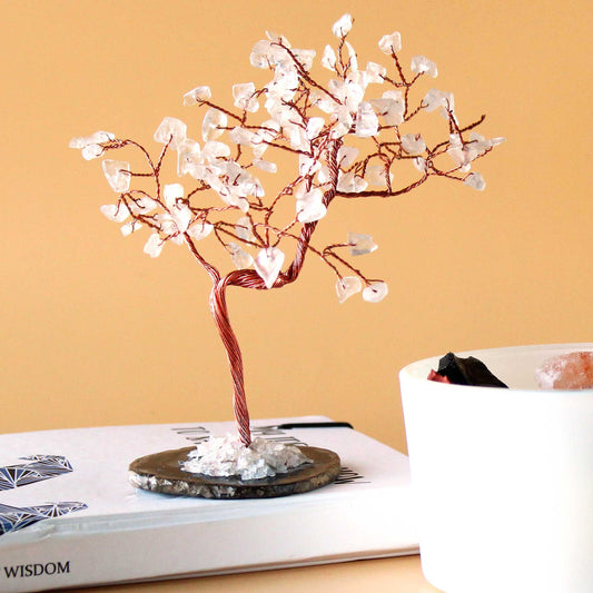 Rock Quartz Gemstone Tree – Black Agate Base 100 Stones tabletop gemstone tree decor with wire branches and clear quartz chips