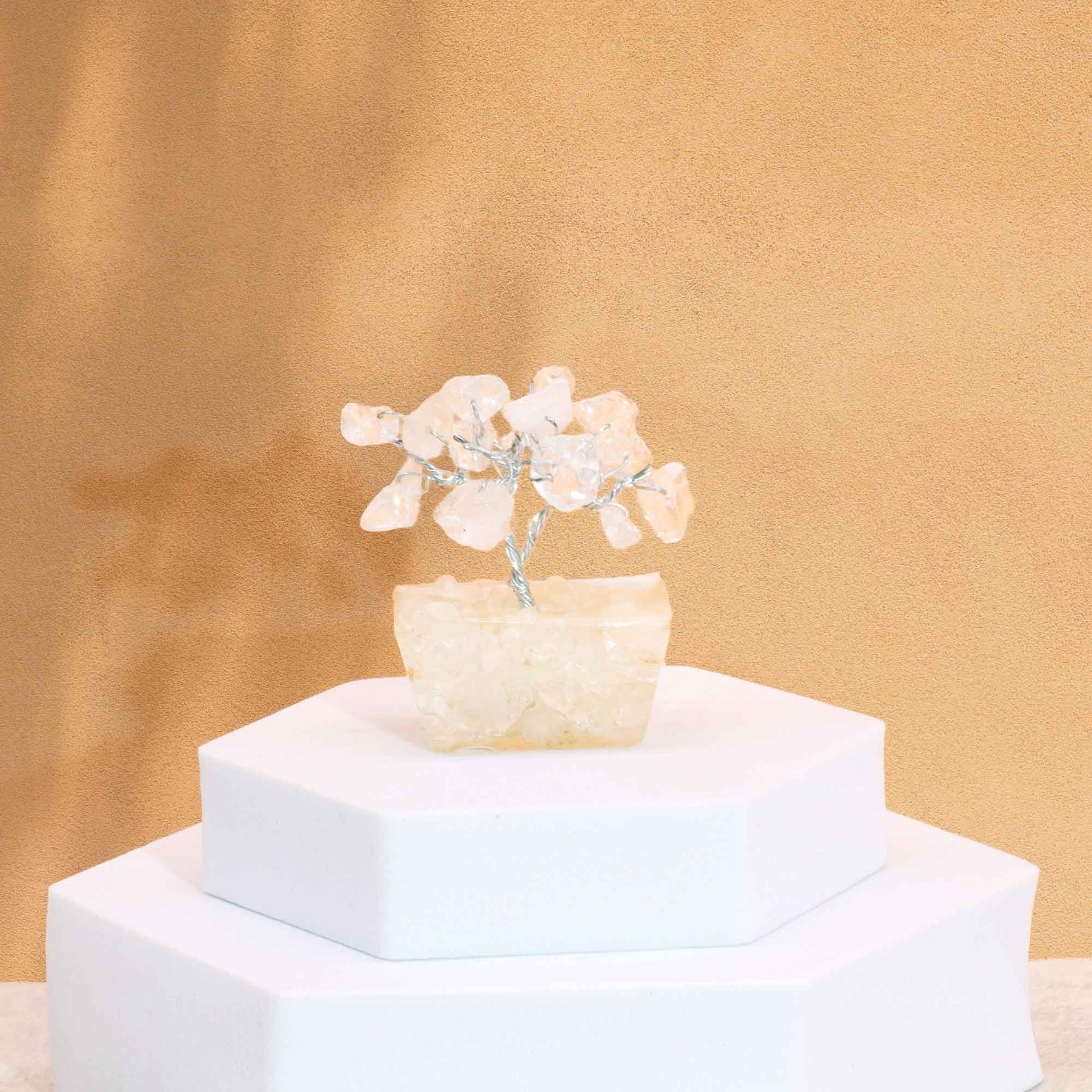 Rock Quartz Mini Gemstone Tree – 15 Stones on handcrafted orgonite base, 5 cm crystal tree decor with clear quartz chips