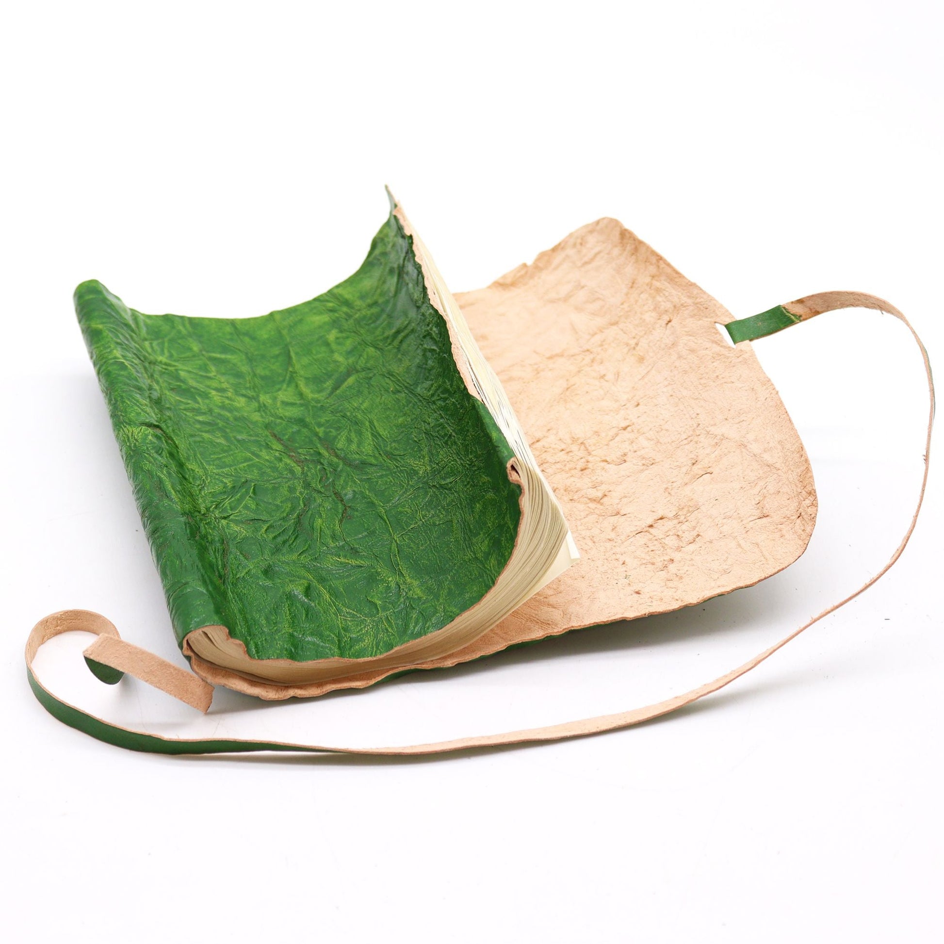 Alt Tag: Rullad läderreseanteckningsbok – Grön (96 sidor, 21 × 15 CM) öppen rullad läderdagbok med stängning med omlindande rem