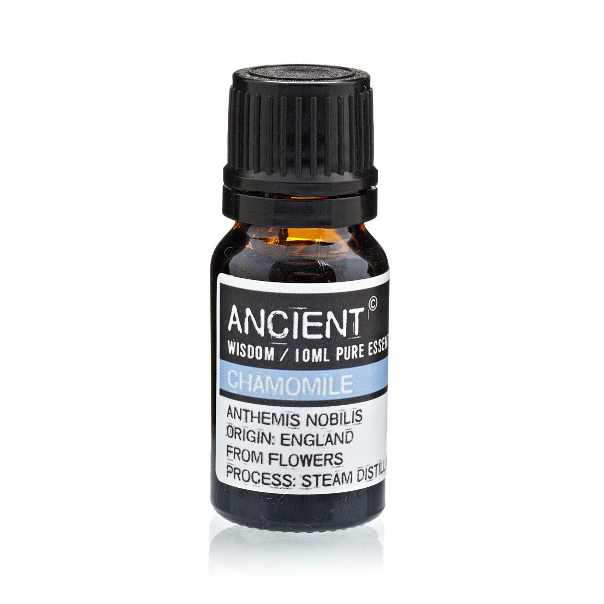 Alt-tagg: Romersk kamomill eterisk olja – 10 ml bärnstensfärgad glasflaska, Ancient Wisdom-etikett, Anthemis nobilis, 10 ml ren eterisk olja, England