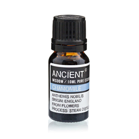 Alt Tag: Chamomile Roman Essential Oil – 10ML amber glass bottle, Ancient Wisdom label, Anthemis nobilis, 10ml pure essential oil, England