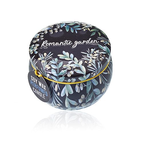 Romantic Garden Soy Wax Candle – 6.5x5 CM en lata decorada con diseño floral, vela perfumada de cera de soja