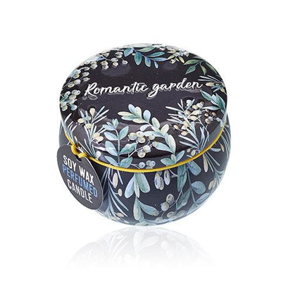 Romantic Garden Soy Wax Candle – 6.5x5 CM en lata decorada con diseño floral, vela perfumada de cera de soja