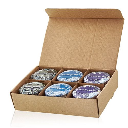 Alt Tag: Romantic Garden Soy Wax Candle – 6.5x5 CM set of six floral tin candles in open cardboard gift box