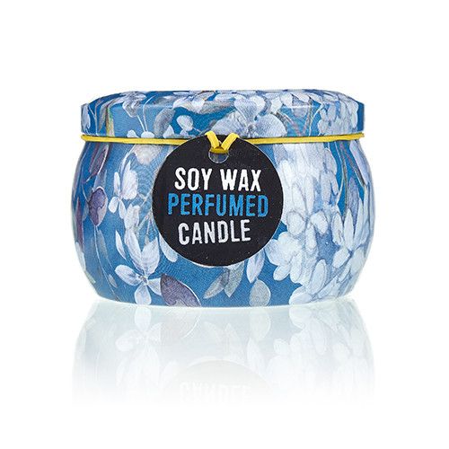 Romantic Garden Soy Wax Candle – 6.5x5 CM en lata decorada con estampado floral azul, vela perfumada de cera de soya