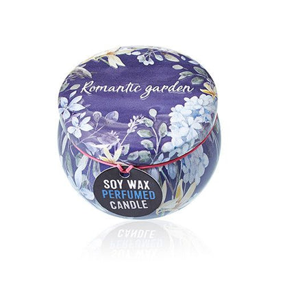 Alt Tag: Romantic Garden Soy Wax Candle – 6.5x5 CM in floral decorated tin, soy wax perfumed candle with Romantic garden label