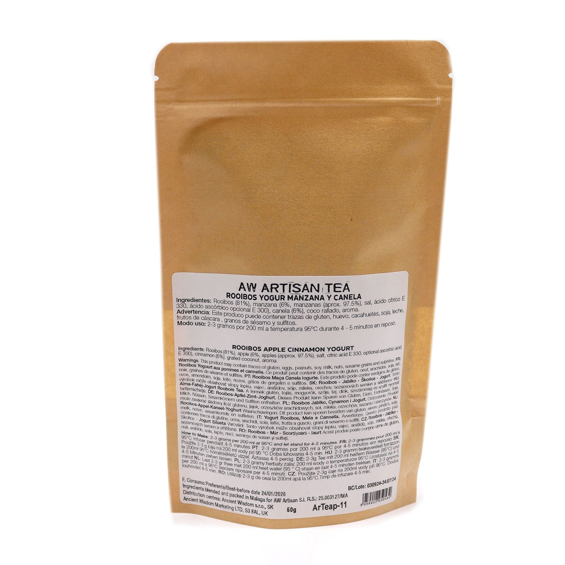 Alt Tag: Rooibos Artisan Tea – Apple Cinnamon Yogurt 50G bolsa kraft, mezcla de té rooibos con manzana, canela y notas de yogur, 50 g