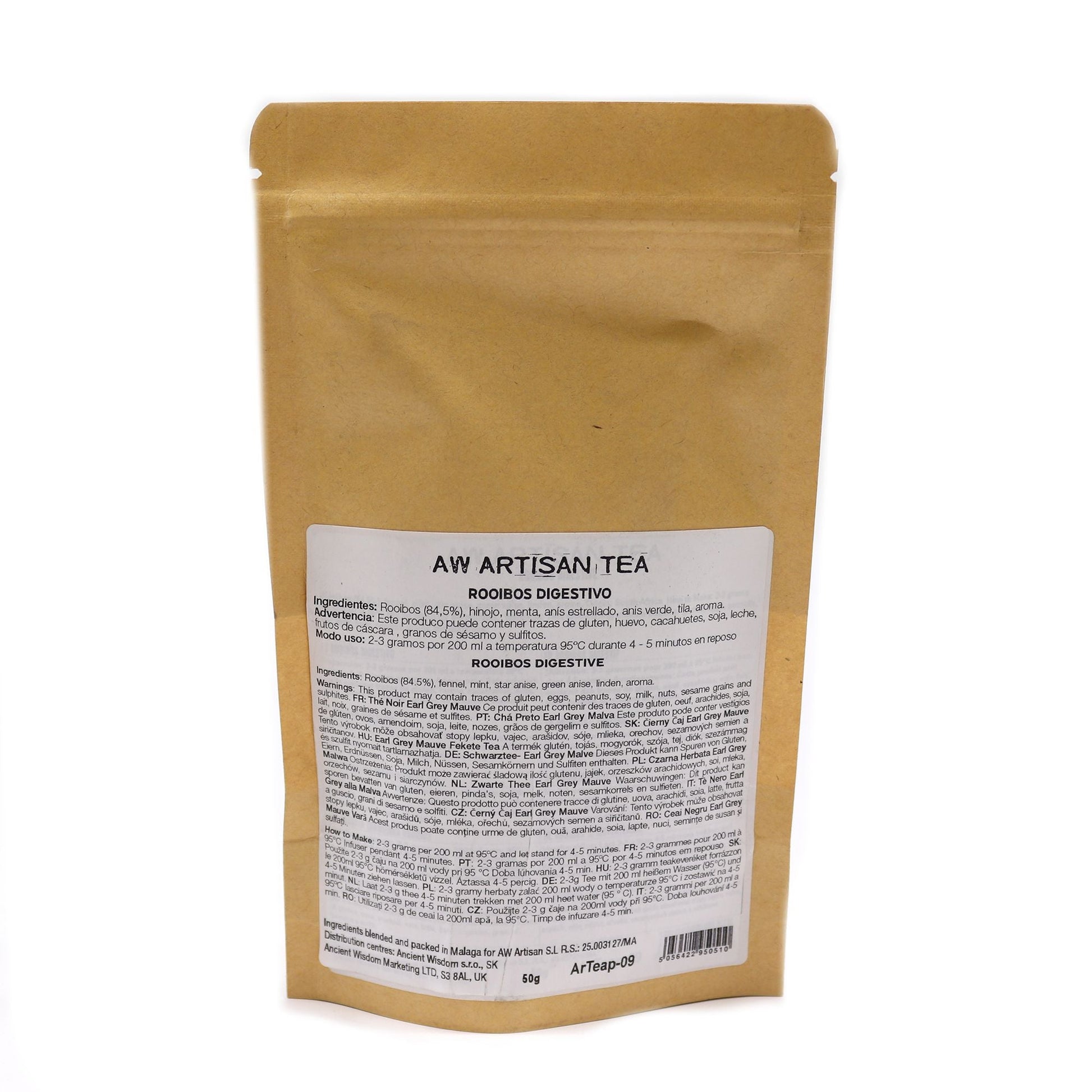 Alt Tag: Rooibos Mint & Star Anise Artisan Tea – 50G bolsa de té artesanal AW Artisan Tea con etiqueta de ingredientes